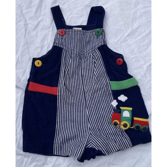 Vintage 70s 80s Boys Sz 18 Month Baby Railroad Stripe Overalls Train Buttons - Picture 4 of 15